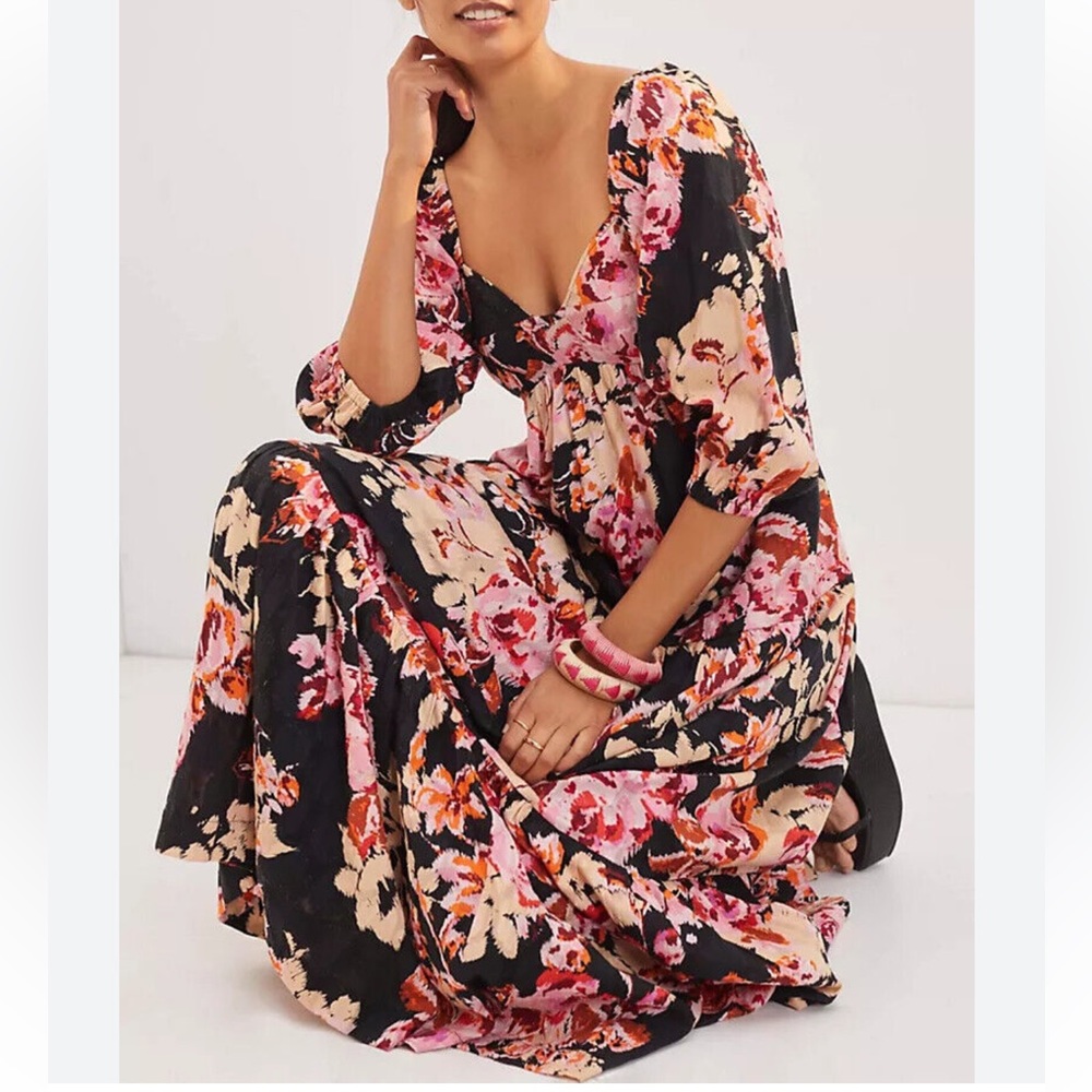 Anthropologie Blossom Florql Puff Sleeve Maxi Dress Large